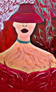 L'opera raffigura una donna in primo piano. Il suo volto e le sue spalle sono incorniciati da un cappello che nasconde lo sguardo. L'immagine ha una texture che le conferisce un aspetto materico e i colori sono prevalentemente scuri.