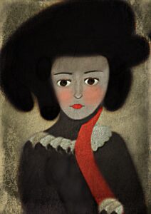 Dipinto di una figura femminile con un guanto rosso.