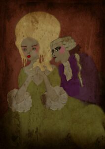 Dipinto di una coppia in costume d'epoca, con parrucche elaborate, su uno sfondo scuro.