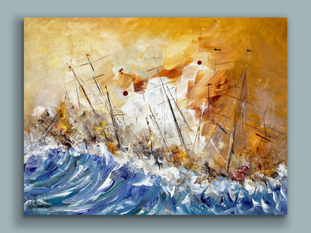 Quadro in acrilico su tela di Pummart, Allegra graziani. Faccia a Faccia. Guerriglia di barche a vela in una tempesta.