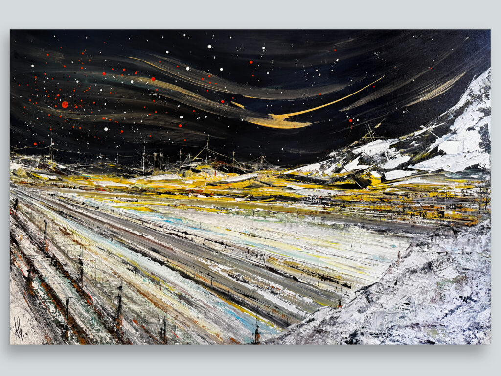 Quadro in acrilico su tela di Pummart, Allegra Graziani. Artista contemporanea Milanese. Proiezioni Inconsce. Luogo freddo e ambientazione notturna, una città sulle tonalità del giallo scalda la scena. Scenario immaginifico.