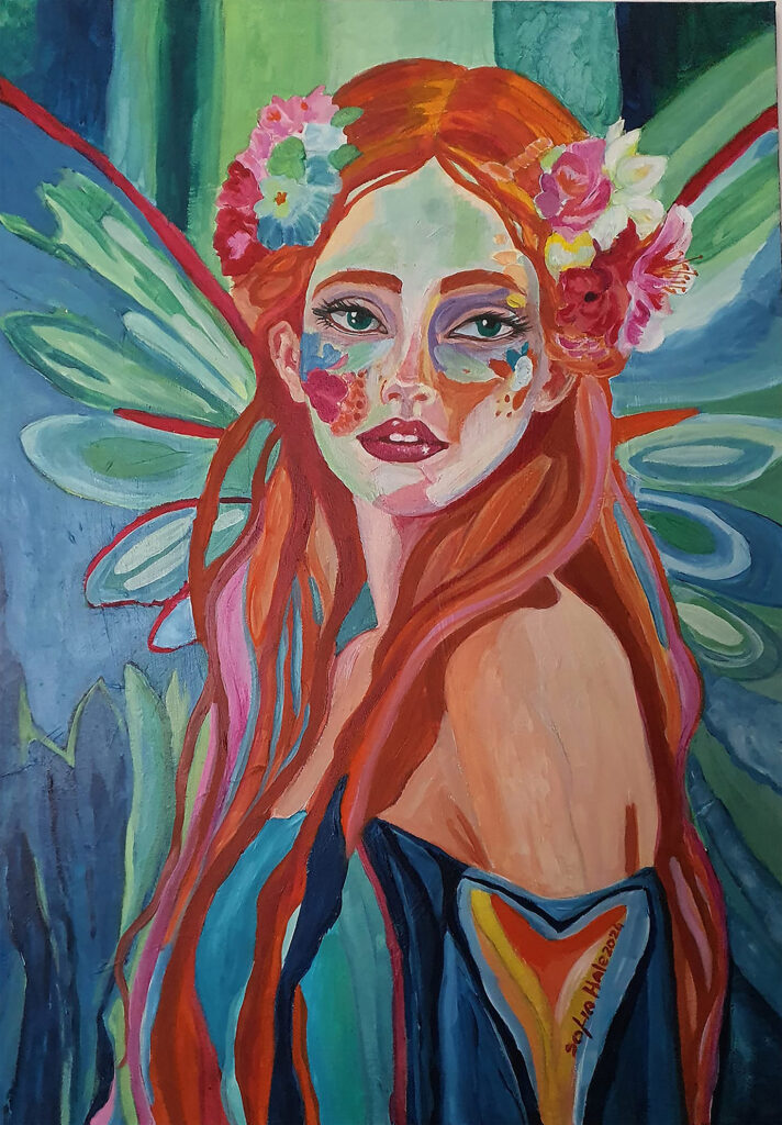 Ritratto femminile dai colori vivaci con atmosfera onirica, opera “Aisling” di Rosa Del Forno in arte Sofia Hale