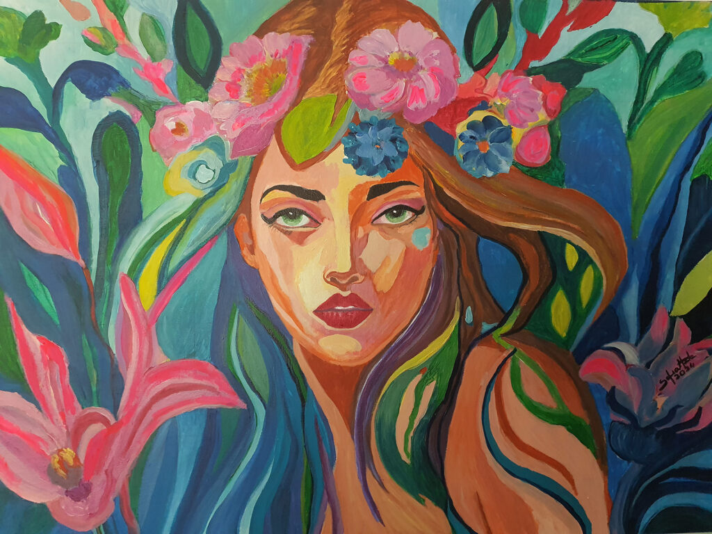 Figura fatata dai colori vivaci, dipinto “Fairy-One” di Rosa Del Forno in arte Sofia Hale