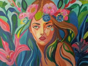 Figura fatata dai colori vivaci, dipinto “Fairy-One” di Rosa Del Forno in arte Sofia Hale