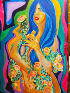 Figura femminile avvolta da fiori e natura, opera “Giorgina” di Rosa Del Forno in arte Sofia Hale