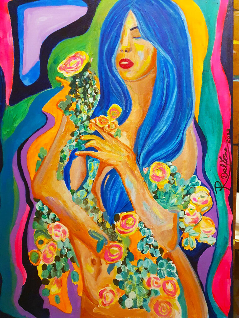 Figura femminile avvolta da fiori e natura, opera “Giorgina” di Rosa Del Forno in arte Sofia Hale