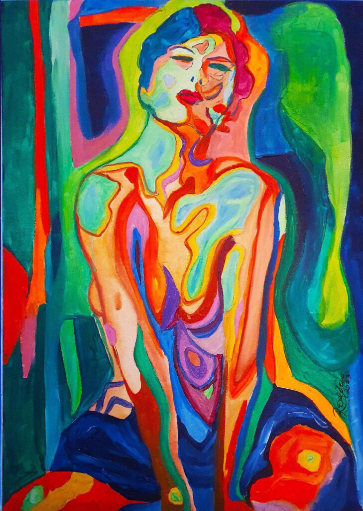 Figura femminile stilizzata in colori vibranti, “Lost Words”, acrilico su tela, Rosa Del Forno in arte Sofia Hale