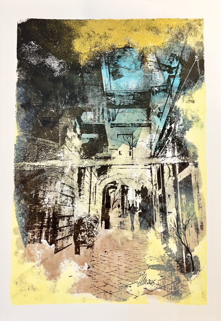 Tra i vicoli di Modica, monotipo acrilico e inchiostro su carta