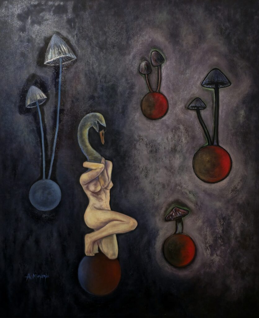 Vertical, dark composition with a nude figure crowned by a swan head, perched on a red sphere; cool blues on the left counter warmer red orbs on the right to hold tension across the void.