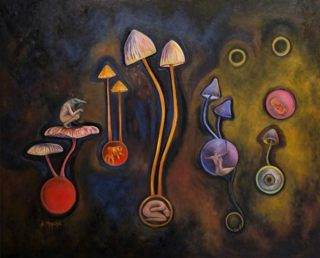 Horizontal constellation of mushrooms and hanging orbs, including a seahorse, curled figure, owl, frog, and embryo; bright rings and a single eye create focal points inside a smoky, dark atmosphere.