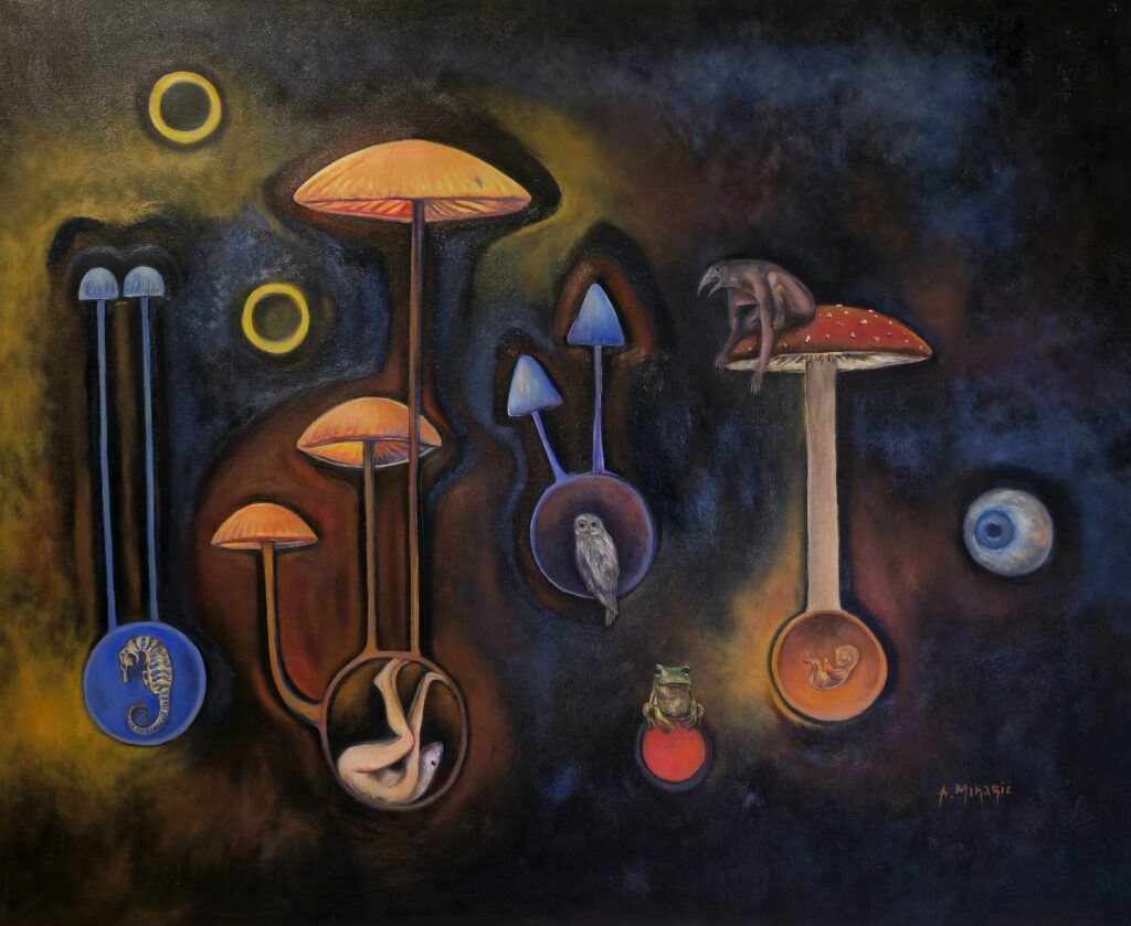 Horizontal constellation of mushrooms and hanging orbs, including a seahorse, curled figure, owl, frog, and embryo; bright rings and a single eye create focal points inside a smoky, dark atmosphere.