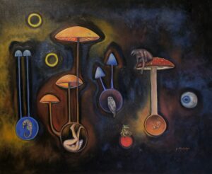 Horizontal constellation of mushrooms and hanging orbs, including a seahorse, curled figure, owl, frog, and embryo; bright rings and a single eye create focal points inside a smoky, dark atmosphere.