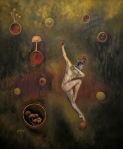 Vertical composition with a dancer balancing on a small orb, reaching to another; scattered spheres and mushroom clusters orbit her, using warm gold haze to amplify motion and suspended tension.