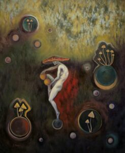Central figure under a wide mushroom cap holds two golden spheres, framed by green and red orbs containing fungi; soft circular forms keep the composition turning like a slow ritual.