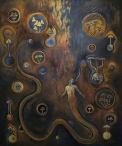Vertical mythic scene with a serpent tailed archer rising through a field of circular mushroom portals; warm ochres clash with cool blues while a winding line and a single eye steer the gaze.