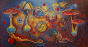 Wide horizontal scene where tall mushrooms and floating spheres build a left to right current; two reclining figures and a ram headed body ground the field while red dots punctuate the space like beats.
