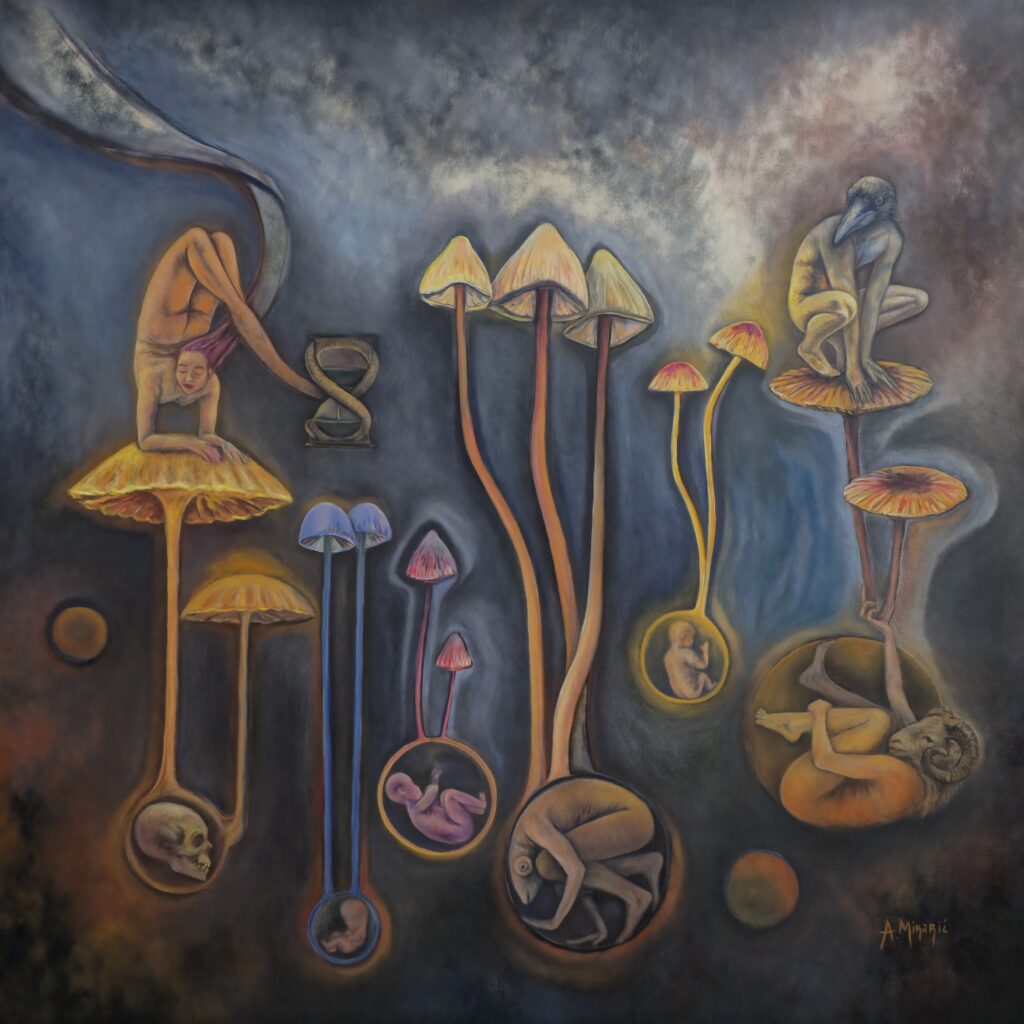 mystic painting of surrealistm, figures mixed between humans and animals, mushrooms growing