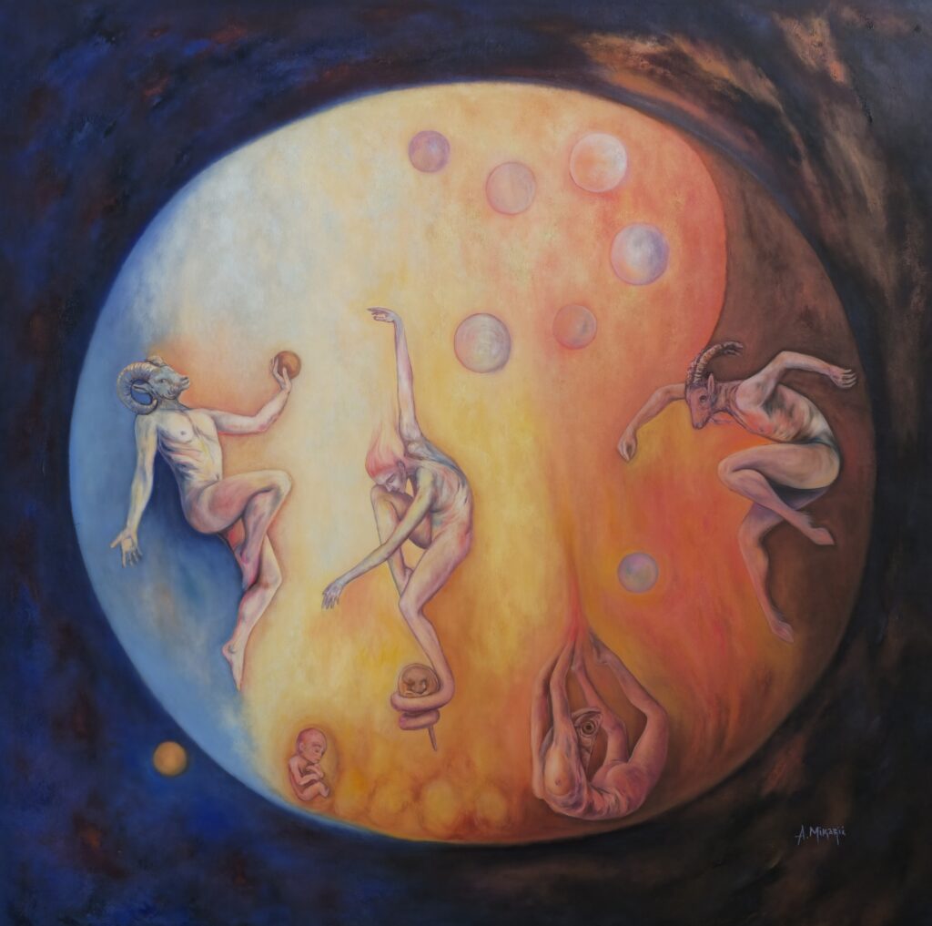 half animal-half human figurings are grasping for existence in a circle. color blue-cold and orange-warmth are in protest.