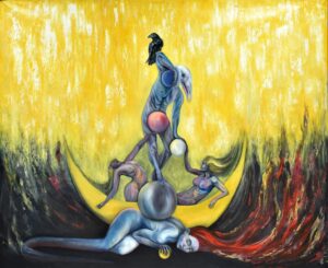 surrealist painting on an intriguing yellow background, dramatic scenario. transformation woman-snake and a black bird as a symbol of something bad. but, also, hope...
