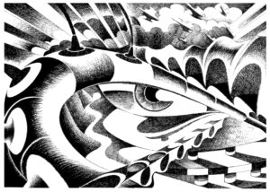 Questo fermento visivo ed organico, vitale, aggredisce miti e modi dell’ essere libero nell’ era ipertecnologica della produzione e del consumo sfrenati, gratuiti, disfunzionali.
Dilaniato tra evasione ed ambizione spirituale l’ immaginario collettivo trova una possibile identificazione nell’ estetica ibrida dei graffiti metropolitani, dei fumetti, dei tatuaggi tribali, dei videogiochi elettronici immersivi e tattici, dei mondi virtuali, delle pratiche interattive, delle automazioni industriali, del packaging mercantile e propagandistico, delle kermesse in mondovisione, degli scandali internazionali spettacolarizzati, della pervasività ossessiva dei flussi mediatici, dei rituali psicopatologici post freudiani, degli abiti dell’ industria multimediale.
Degli apparati iconografici e semantici dei nuovi codici di orientamento sul pianeta. Elettronica, genetica, biologia e mass media danno forma al flusso di coscienza visivo visionario dell ‘ artista che lascia emergere sconsideratamente dalle prassi creative infiniti prototipi di un linguaggio presto universale che produce un’ autonomia evocativa straniante.
I significati sfuggono, le istanze mutuanti si lasciano predare nell’ osservarci costretti a smantellarne e riedificarne costantemente struttura e funzioni, legittimità, mentre la forma salvaguarda il virus linguistico dalla latente dissoluzione come studenti universitari in un supermercato che riempiono e svuotano nevroticamente i loro carrelli , chiedendosi di cosa hanno bisogno, delirando e rimuginando tra loro in mezzo a file imponenti di mondi possibili.
Impatti visivi bloccano nel tempo di lettura come carrelli inceppati le identità dei cittadini cosmopoliti fruitori protagonisti, coinvolti inconsapevolmente, assurgendo ad emblemi vibranti, inquietanti, del complesso e caotico sistema di relazioni tra individui massificati ed ambiente globalizzato.